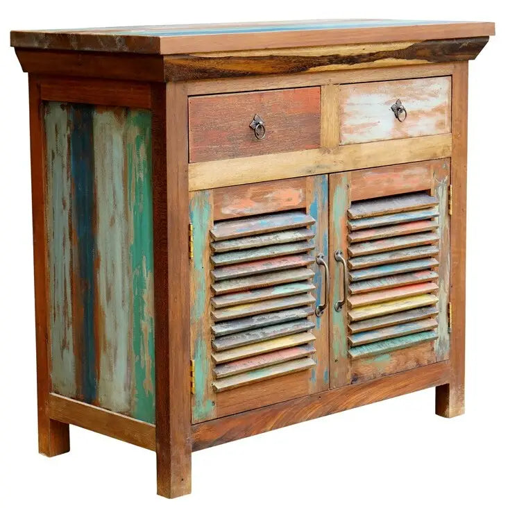 Marina Del Rey Recycled Teak Wood Louvered Linen Cabinet with 2 Doors and 2 Drawers
