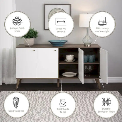 Prepac Milo Mid-Century Modern 4-Door Buffet - 64 W x 32 H x 16 D