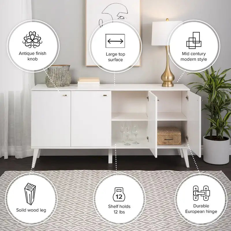 Prepac Milo Mid-Century Modern 4-Door Buffet - 64 W x 32 H x 16 D