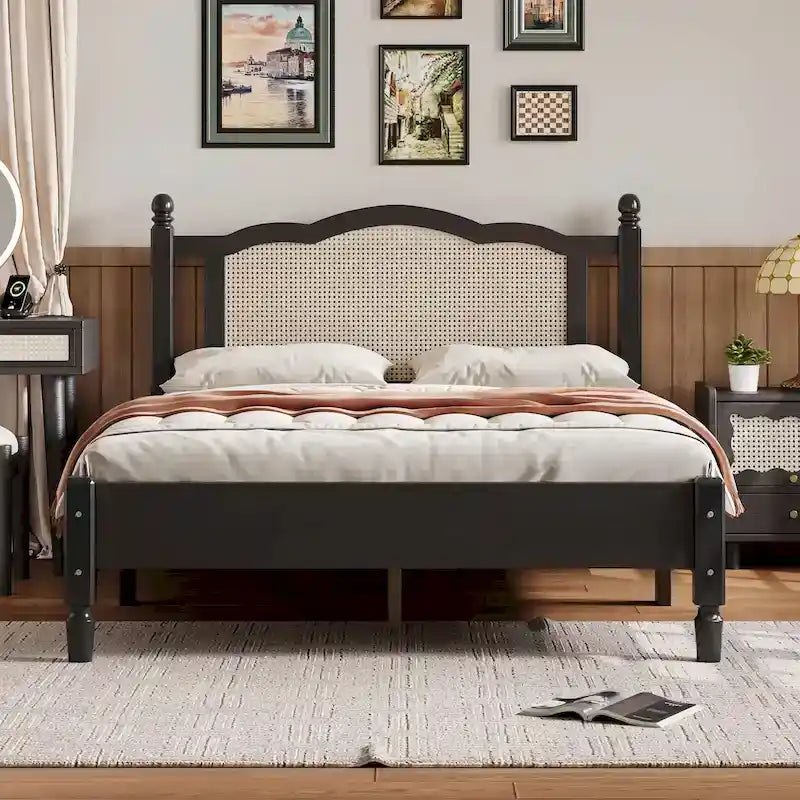 Wooden Platform Bed with Rattan Headboard and Slat Support