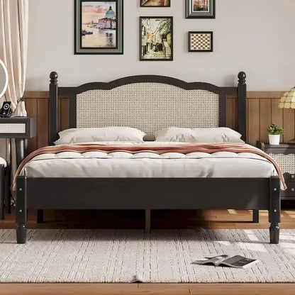 Wooden Platform Bed with Rattan Headboard and Slat Support