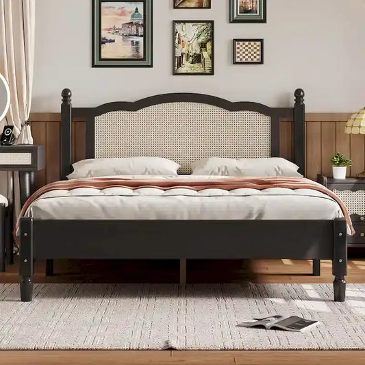 Wooden Platform Bed with Rattan Headboard and Slat Support
