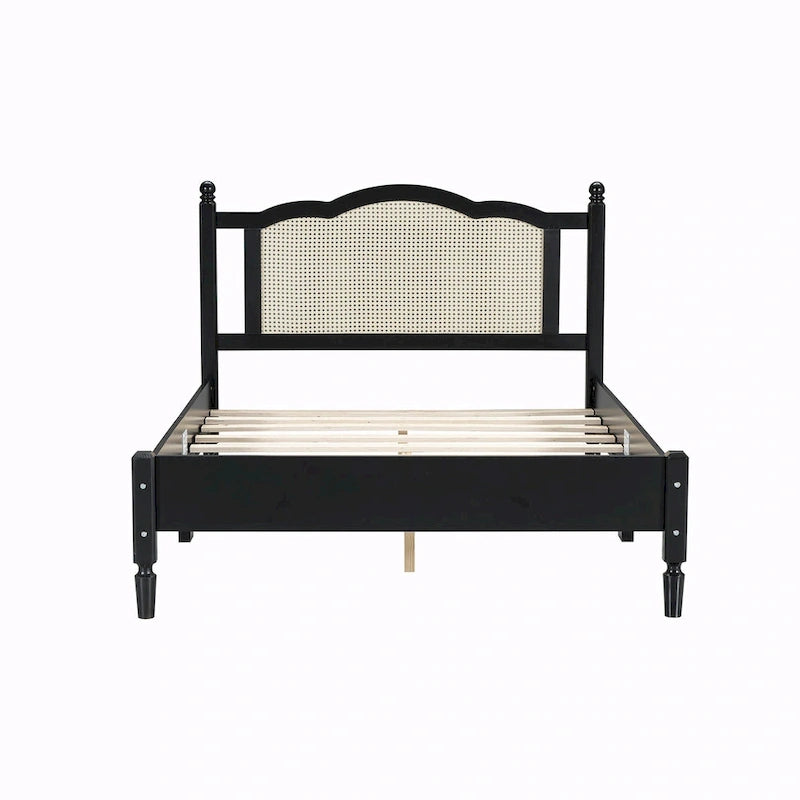 Wooden Platform Bed with Rattan Headboard and Slat Support