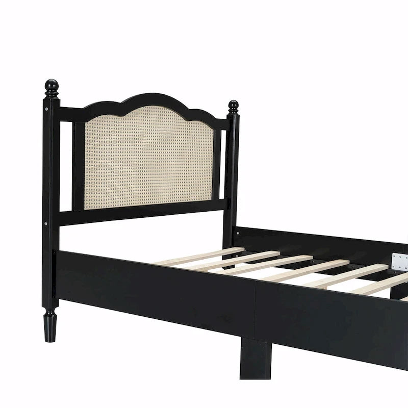 Wooden Platform Bed with Rattan Headboard and Slat Support