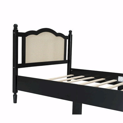 Wooden Platform Bed with Rattan Headboard and Slat Support