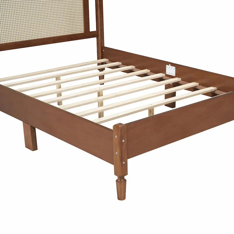 Wooden Platform Bed with Rattan Headboard and Slat Support