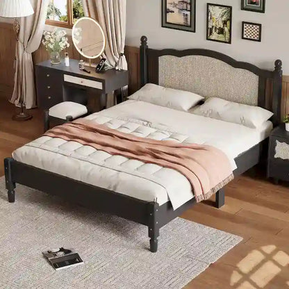 Wooden Platform Bed with Rattan Headboard and Slat Support