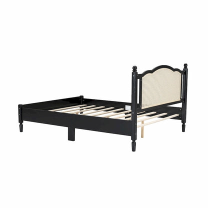 Wooden Platform Bed with Rattan Headboard and Slat Support