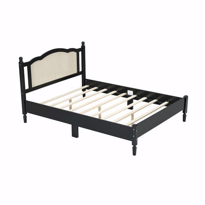 Wooden Platform Bed with Rattan Headboard and Slat Support