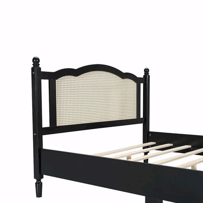 Wooden Platform Bed with Rattan Headboard and Slat Support