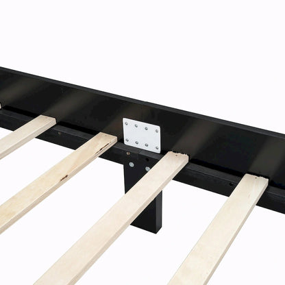 Wooden Platform Bed with Rattan Headboard and Slat Support