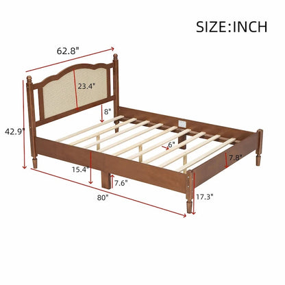 Wooden Platform Bed with Rattan Headboard and Slat Support