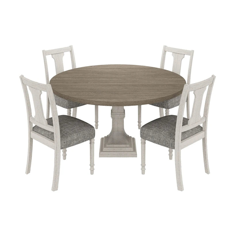 Sane 5pc Dining Table and Chair Set, Fiddleback, Round Top, Gray, White