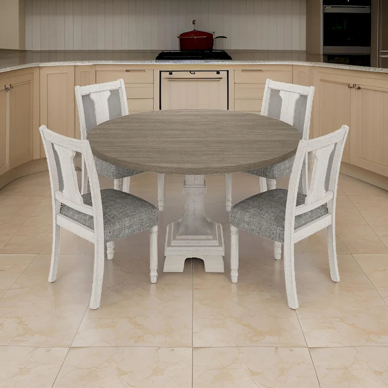 Sane 5pc Dining Table and Chair Set, Fiddleback, Round Top, Gray, White