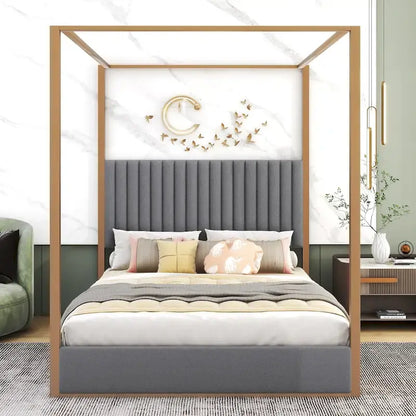 Queen Size Upholstery Canopy Platform Bed with Headboard and Metal Frame
