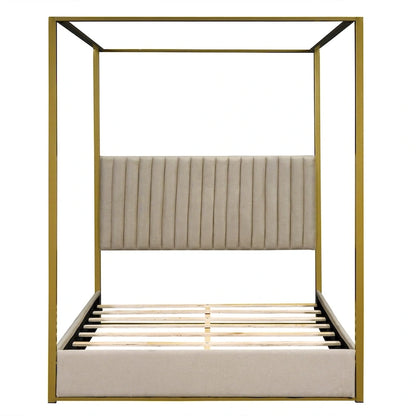 Queen Size Upholstery Canopy Platform Bed with Headboard and Metal Frame