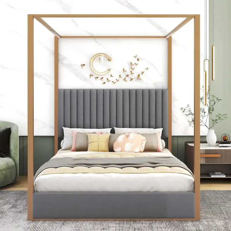 Queen Size Upholstery Canopy Platform Bed with Headboard and Metal Frame