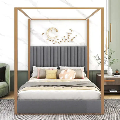 Queen Size Upholstery Canopy Platform Bed with Headboard and Metal Frame