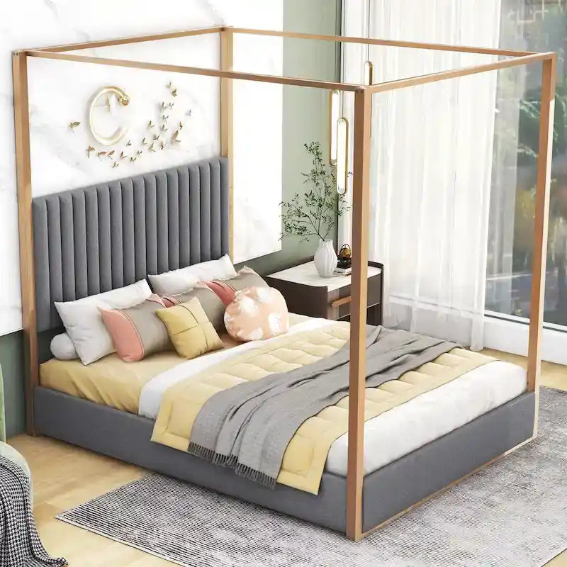 Queen Size Upholstery Canopy Platform Bed with Headboard and Metal Frame