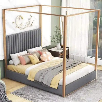 Queen Size Upholstery Canopy Platform Bed with Headboard and Metal Frame