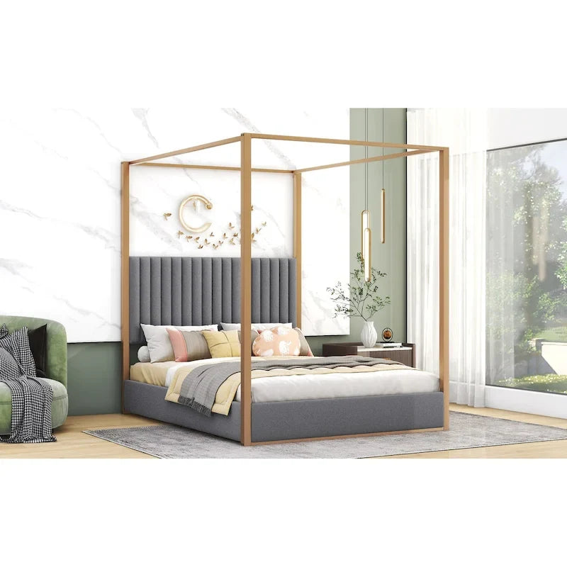 Queen Size Upholstery Canopy Platform Bed with Headboard and Metal Frame