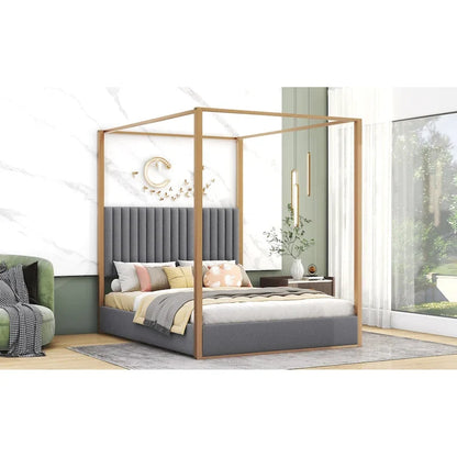 Queen Size Upholstery Canopy Platform Bed with Headboard and Metal Frame