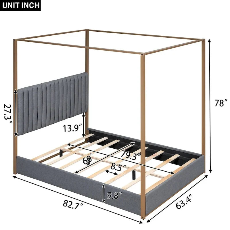 Queen Size Upholstery Canopy Platform Bed with Headboard and Metal Frame