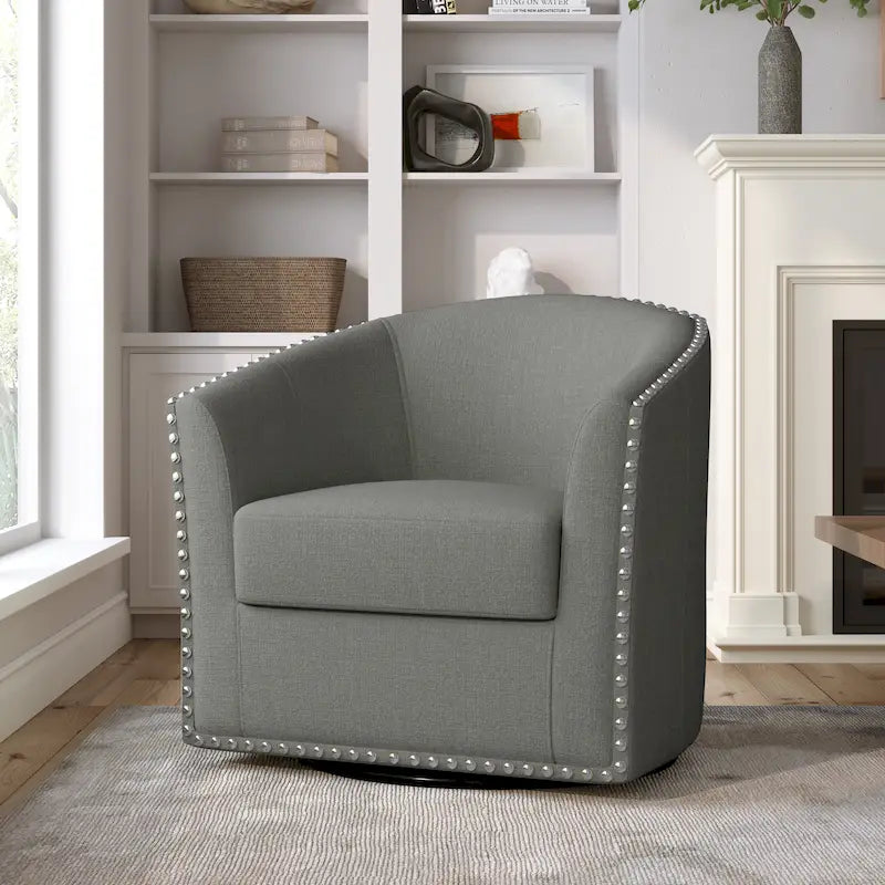 Modern Nailhead Upholstered Linen Swivel Accent Chair