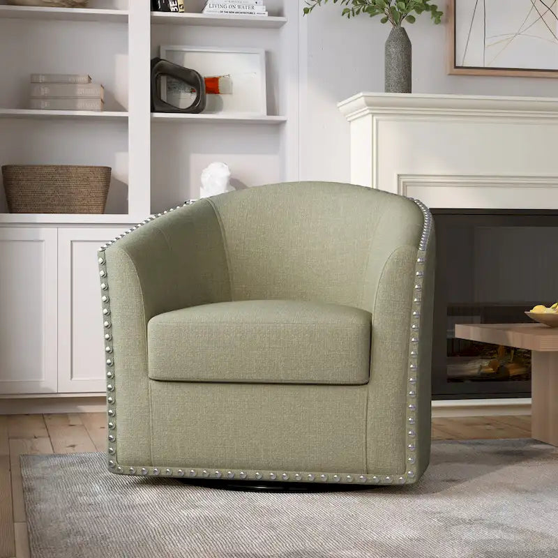 Modern Nailhead Upholstered Linen Swivel Accent Chair