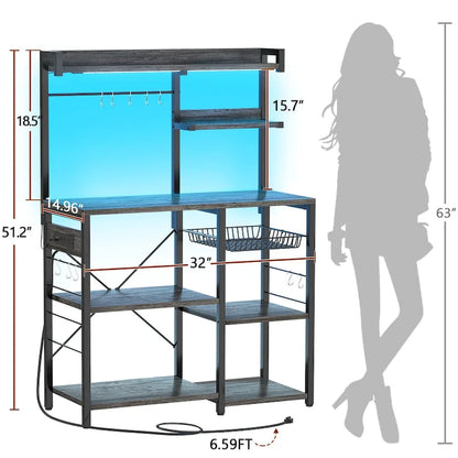 Bakers Rack with Power Outlet and LED Light Strings, Kitchen Storage Shelf
