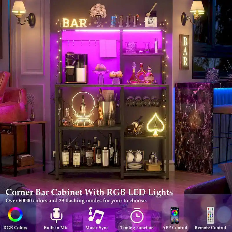 Bakers Rack with Power Outlet and LED Light Strings, Kitchen Storage Shelf