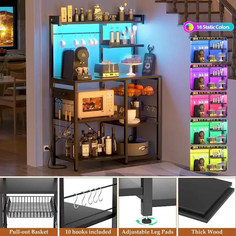 Bakers Rack with Power Outlet and LED Light Strings, Kitchen Storage Shelf