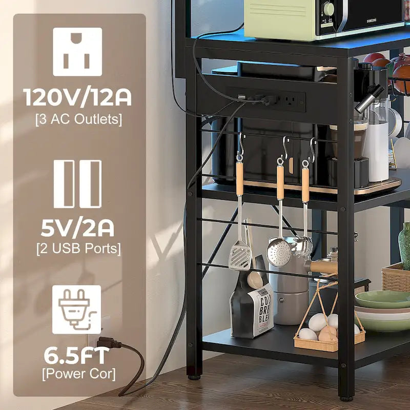 Bakers Rack with Power Outlet and LED Light Strings, Kitchen Storage Shelf