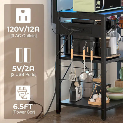 Bakers Rack with Power Outlet and LED Light Strings, Kitchen Storage Shelf
