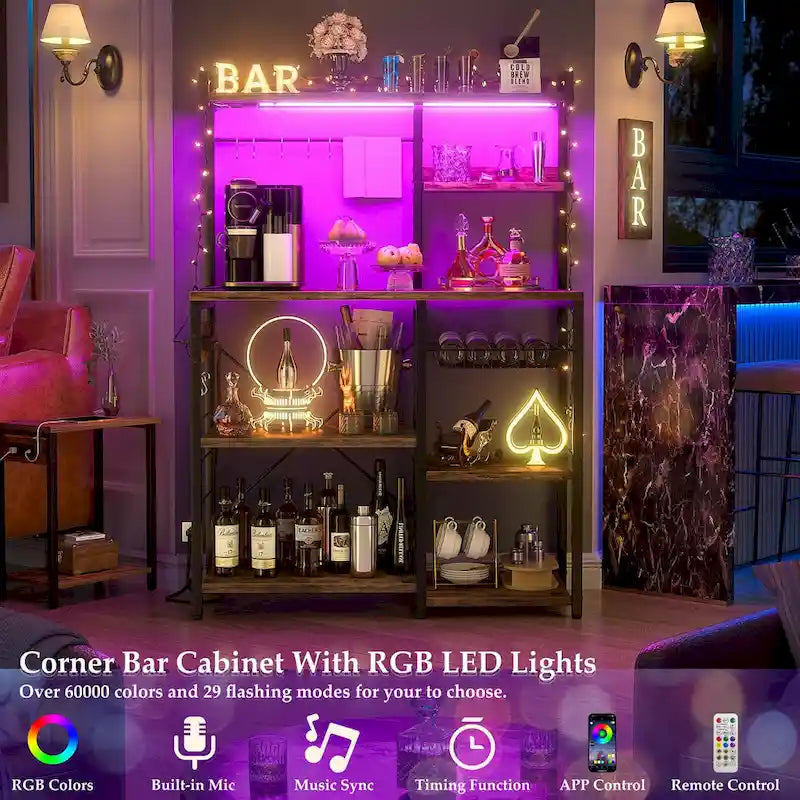 Bakers Rack with Power Outlet and LED Light Strings, Kitchen Storage Shelf