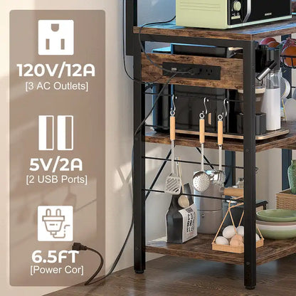 Bakers Rack with Power Outlet and LED Light Strings, Kitchen Storage Shelf