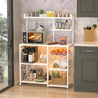 Bakers Rack with Power Outlet and LED Light Strings, Kitchen Storage Shelf