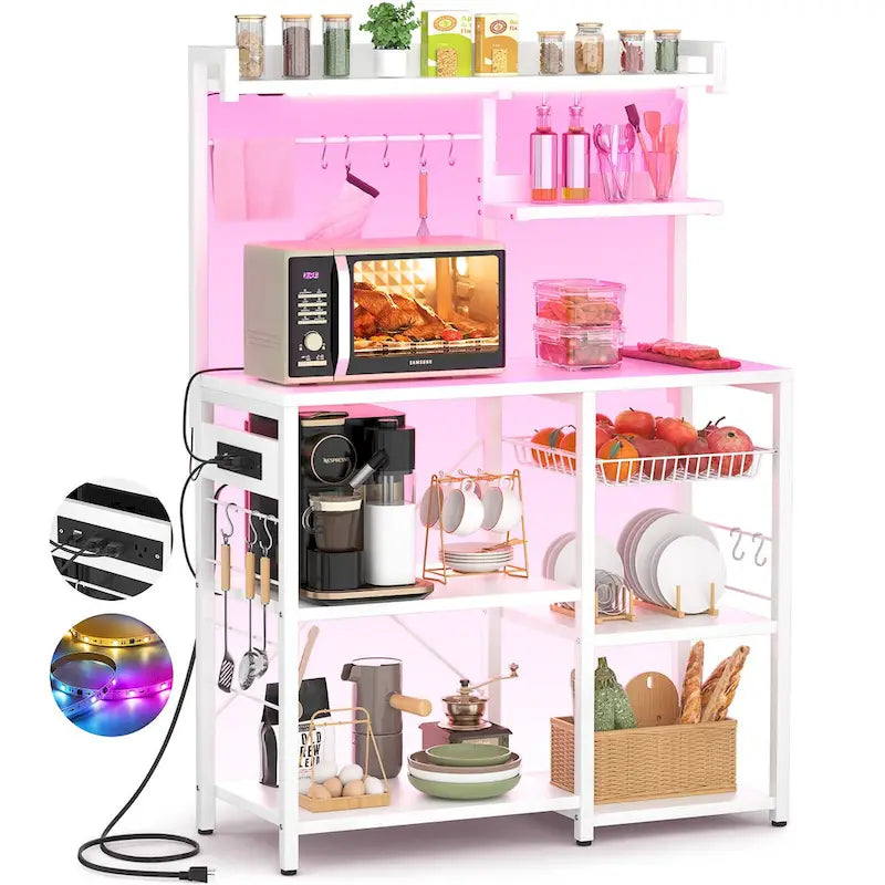Bakers Rack with Power Outlet and LED Light Strings, Kitchen Storage Shelf