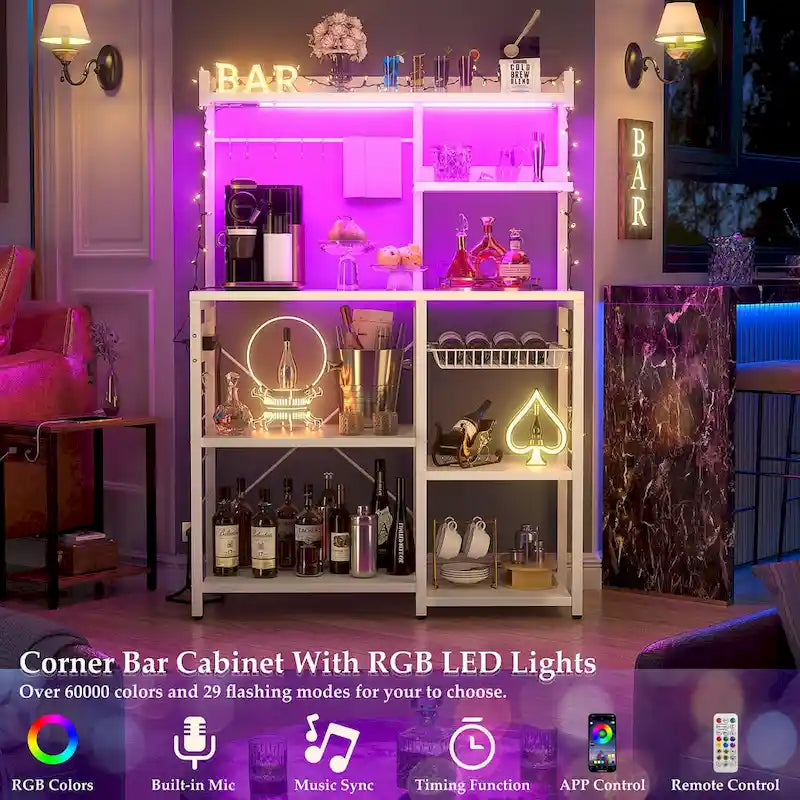 Bakers Rack with Power Outlet and LED Light Strings, Kitchen Storage Shelf